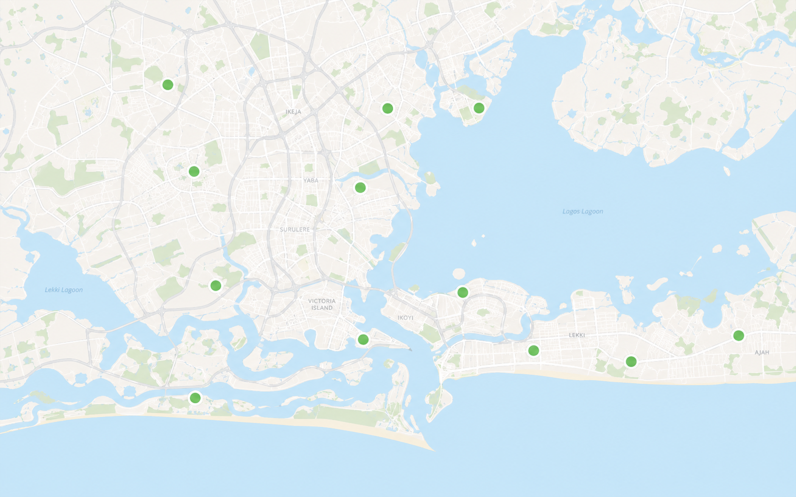 Stylized map of Lagos with helper availability markers